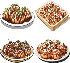 Delicious Takoyaki Balls Japanese Street Food Snack vector style on white background