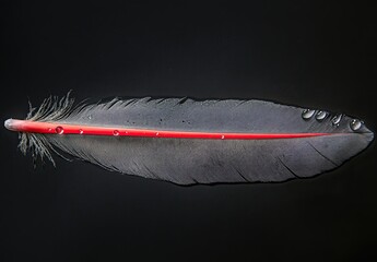 A feather with a red outline, water droplets on the tip of its quill, and a black background
