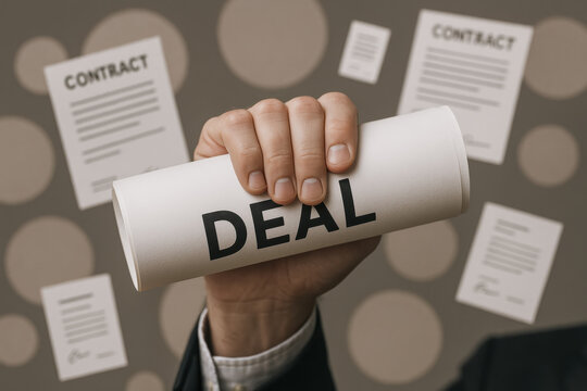 A firm grip on a rolled agreement symbolizes commitment and the finalization business transactions amidst contractual elements