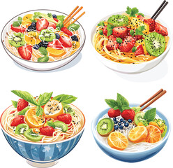 Delicious Summer Somen Noodle Salad With Fresh Fruit vector style on white background