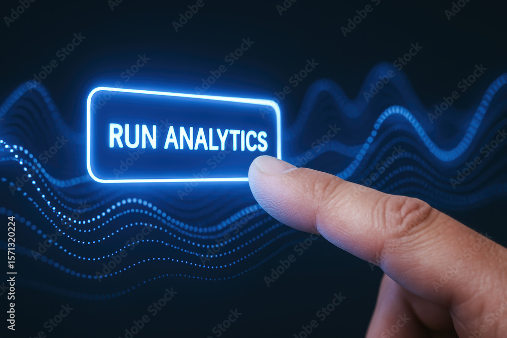 Poster a initiates data processing through a glowing button symbolizing analysis and business intelligence