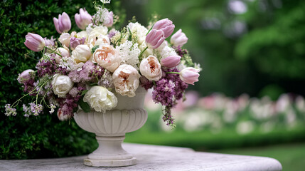 Elegant English garden bouquets in vintage vases, adorned with peonies, tulips and roses and other flowers, displayed in manor garden with dappled light and timeless floral grace