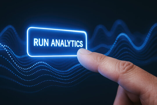 A initiates data processing through a glowing button symbolizing analysis and business intelligence