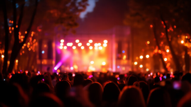 Blurry Halloween night concert in the park with glowing orange and purple lights and audience silhouettes, perfect for spooky seasonal celebration themes