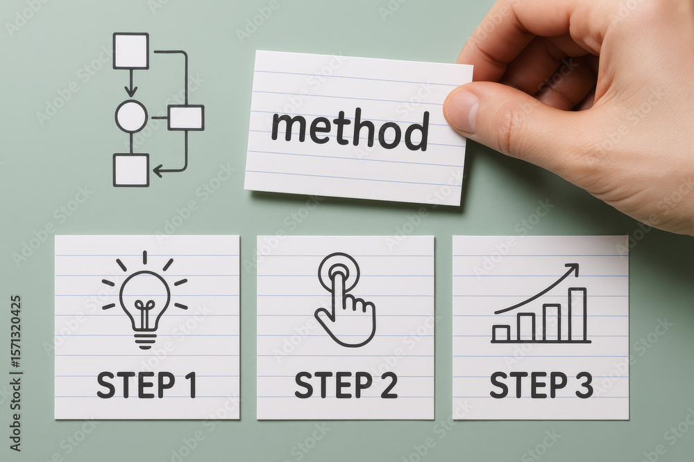 Poster a strategic approach unfolds as a arranges index cards illustrating a step-by-step process for enhan