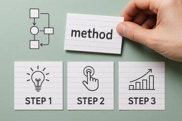 A strategic approach unfolds as a arranges index cards illustrating a step-by-step process for enhancing business growth and decision-making