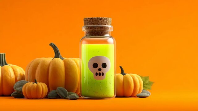 Halloween concept. A glass vial of neon green liquid with a skull symbol sits among pumpkins on a bright orange background.