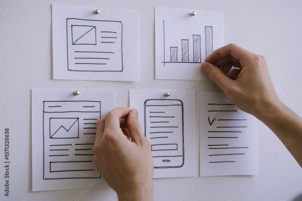Poster a strategic review unfolds as hands arrange visual data and interface sketches to enhance project pr