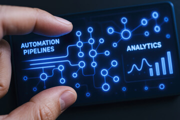 The illustrates the concept automated data workflows and analytical processes through a digital interface featuring connected nodes and dynamic visual charts