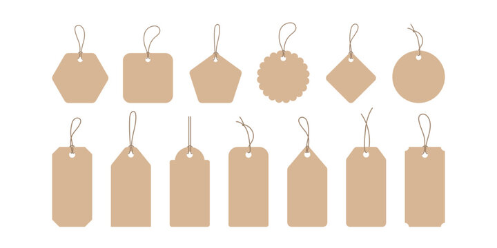 Minimal paper tag set with hanging loops. Craft silhouette design for pricing, sale event, label template, crafting project, handmade organic product labeling, holiday design, gift packaging