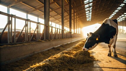 A striking image of a black and white dairy cow feeding from a trough filled with hay, bathed in the warm, golden light streaming into a modern barn at sunrise or sunset