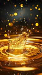 Golden liquid splash with ripples and bokeh.