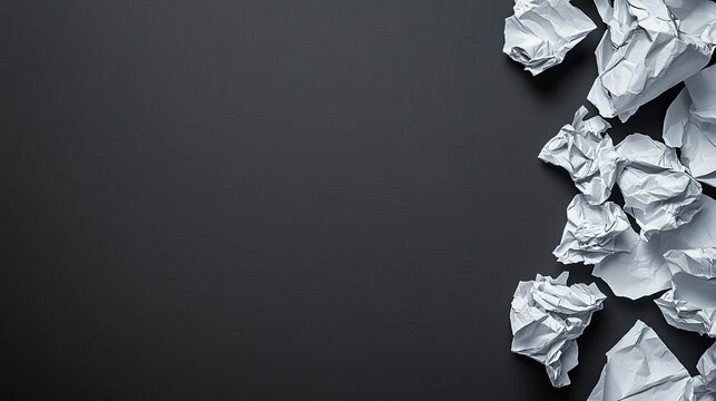 A flat lay of crumpled white paper on a black background - Powered by Adobe