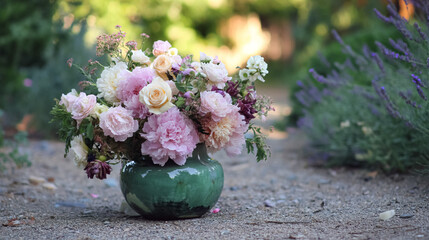 Elegant English garden bouquets in vintage vases, adorned with peonies, tulips and roses and other flowers, displayed in manor garden with dappled light and timeless floral grace