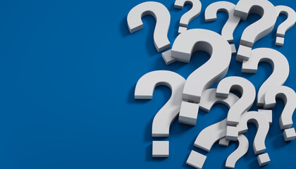 Pile of white Question Marks on blue background with copy space - 3D illustration