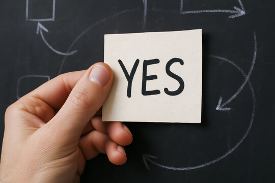 A confidently presents an affirmative message on a paper card against a backdrop strategic diagrams symbolizing decision making and positive business outcomes