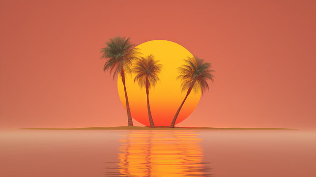 Glowing sun and minimal palm trees on gradient stage
