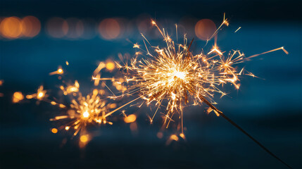 夜の海辺で火花を散らす手持ち花火、背景には街の灯りがボケている。generative ai