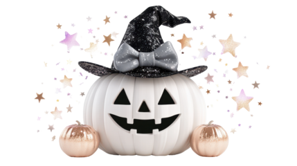 Whimsical Pumpkin Scene: A smiling pumpkin, adorned with a festive hat and surrounded by decorative accents, radiates the playful spirit of Halloween in this captivating close-up.