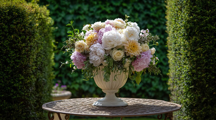 Elegant English garden bouquets in vintage vases, adorned with peonies, tulips and roses and other flowers, displayed in manor garden with dappled light and timeless floral grace