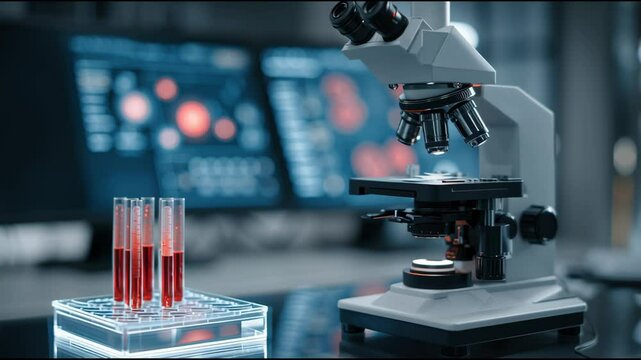 A modern laboratory equipped with a sleek microscope focuses on analyzing pet samples. Test tubes filled with red liquids are displayed, showcasing the diagnostic process in action