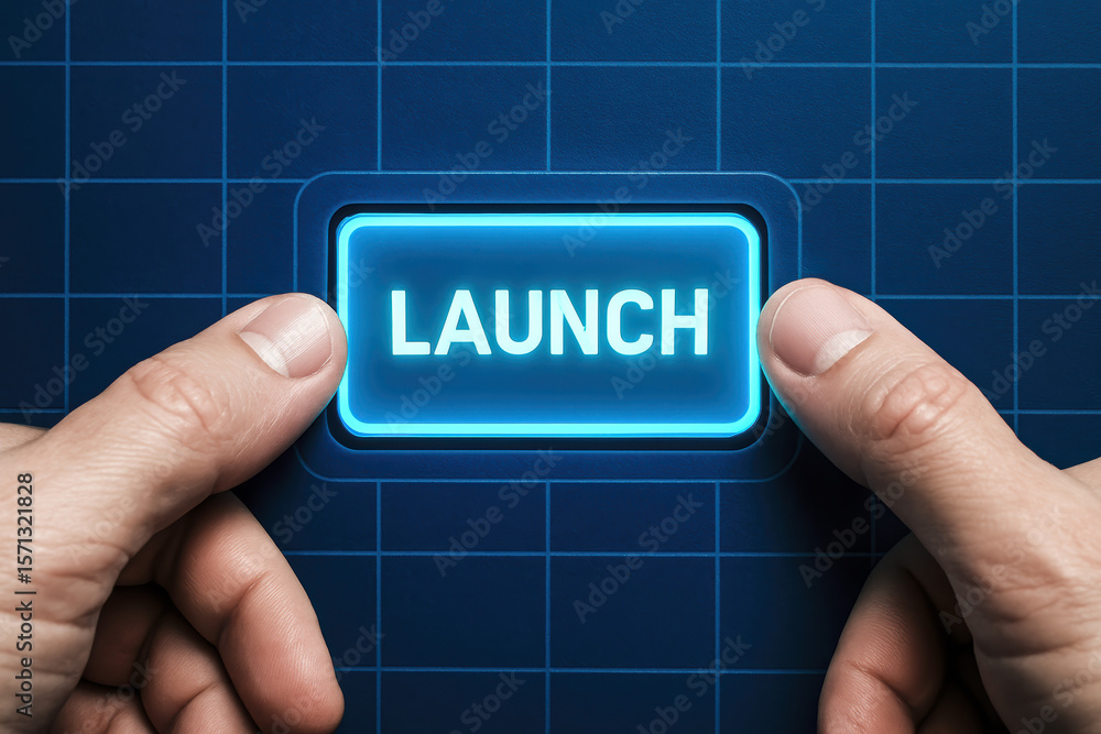Poster two hands are poised to activate a glowing button on a digital control panel symbolizing initiation 