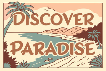 Obraz premium Discover paradise scenic view featuring palm trees, ocean, and sandy beach in a vintage postcard style design
