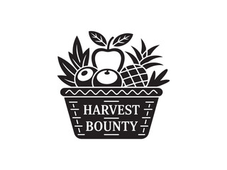 Basket overflowing with fresh fruits and leaves with harvest bounty text