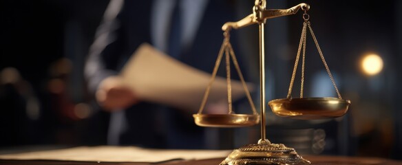 The Scales of Justice Symbolizing Law and Fairness in a Courtroom Setting