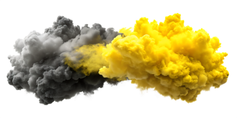 Two abstract clouds of yellow and grey smoke swirling together isolated on a transparent background image