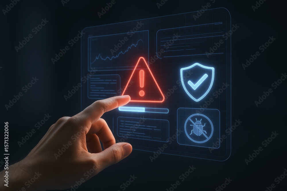 Poster a interacts with a holographic interface displaying warnings and security icons symbolizing real-tim