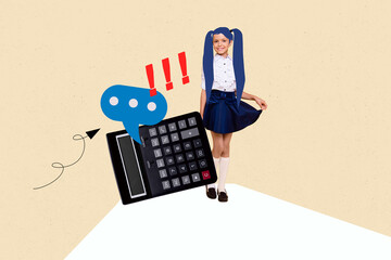 Creative banner full art collage of happy schoolgirl stand calculator bubble communication math...