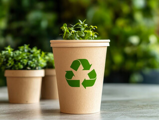 Paper cup with a recycling sign on the background
