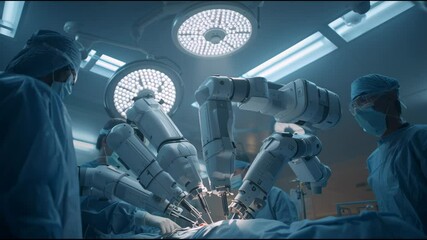 Surgeons are collaborating in a state-of-the-art operating room where robotic arms assist in a surgical procedure. The environment showcases cutting-edge technology vital for patient care - Powered by Adobe