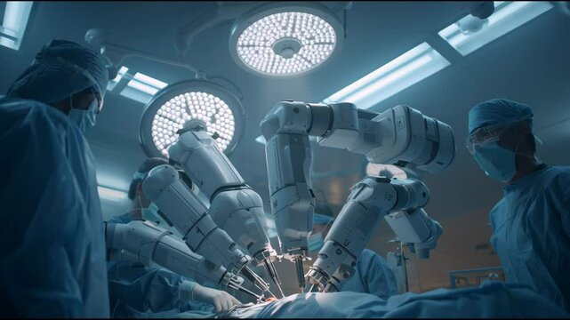 Surgeons are collaborating in a state-of-the-art operating room where robotic arms assist in a surgical procedure. The environment showcases cutting-edge technology vital for patient care
