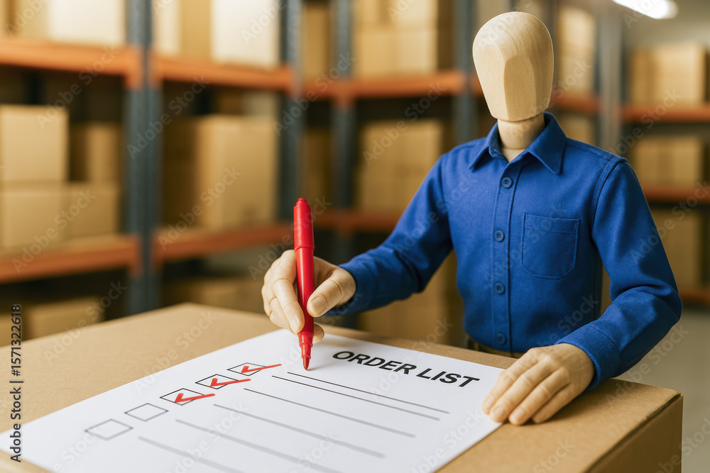 Poster efficient task management and progress tracking are demonstrated as the wooden mannequin marks compl