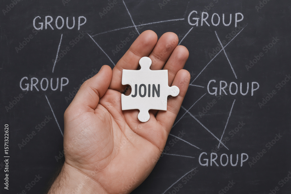 Poster a holds a puzzle piece marked join symbolizing collaboration and connection within interconnected gr