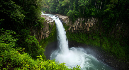 A powerful waterfall cascades into a misty pool, surrounded by lush, vibrant green rainforest vegetation and dark rock cliffs
