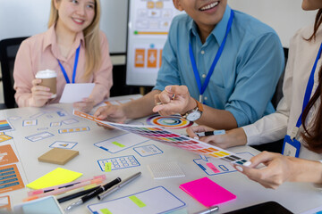 ux, ui, web and mobile app designers are discussing the look and feel of the website or app they...
