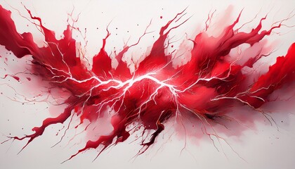 abstract depiction of red lightning bolts with dynamic energy and vivid splashes in a white background