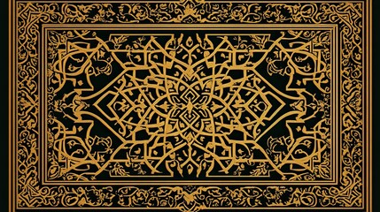 A golden Islamic pattern on a black background, with geometric patterns and ornamental designs