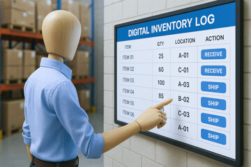 Efficiency and accuracy drive business operations as a wooden mannequin manages inventory data on a digital touchscreen