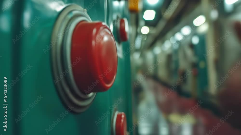 Poster close-up of a hand pressing a red button on a teal control panel