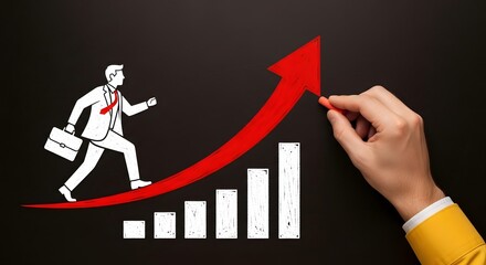 Businessman climbing red upward arrow with hand drawing, symbolizing career growth and success.