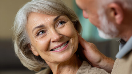 Smiling elderly woman looking at man with affection, showing warmth and happiness in close up portrait