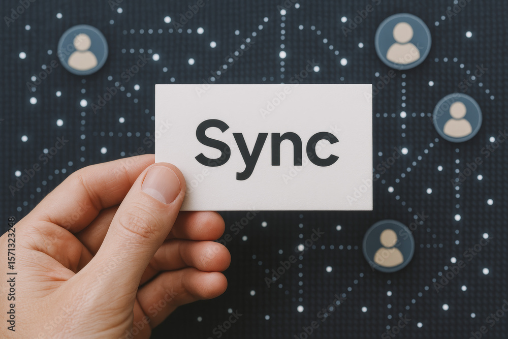 Poster a concept connection and coordination is depicted by a presenting a card labeled sync against a netw