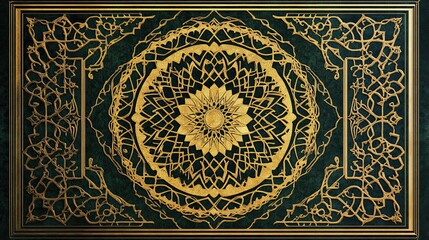 A golden Islamic pattern on a black background, with geometric patterns and ornamental designs