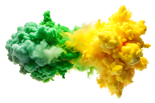 Vibrant green and yellow smoke plumes colliding and swirling against a black background isolated on a transparent background