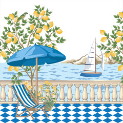 Sailboat, lemon tree, sea wave, chaise lounge, sun umbrella, tile print. Summer seafront Italian illustration.