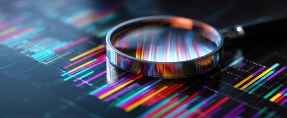 The magnifying glass highlighting vibrant data patterns on a digital interface.